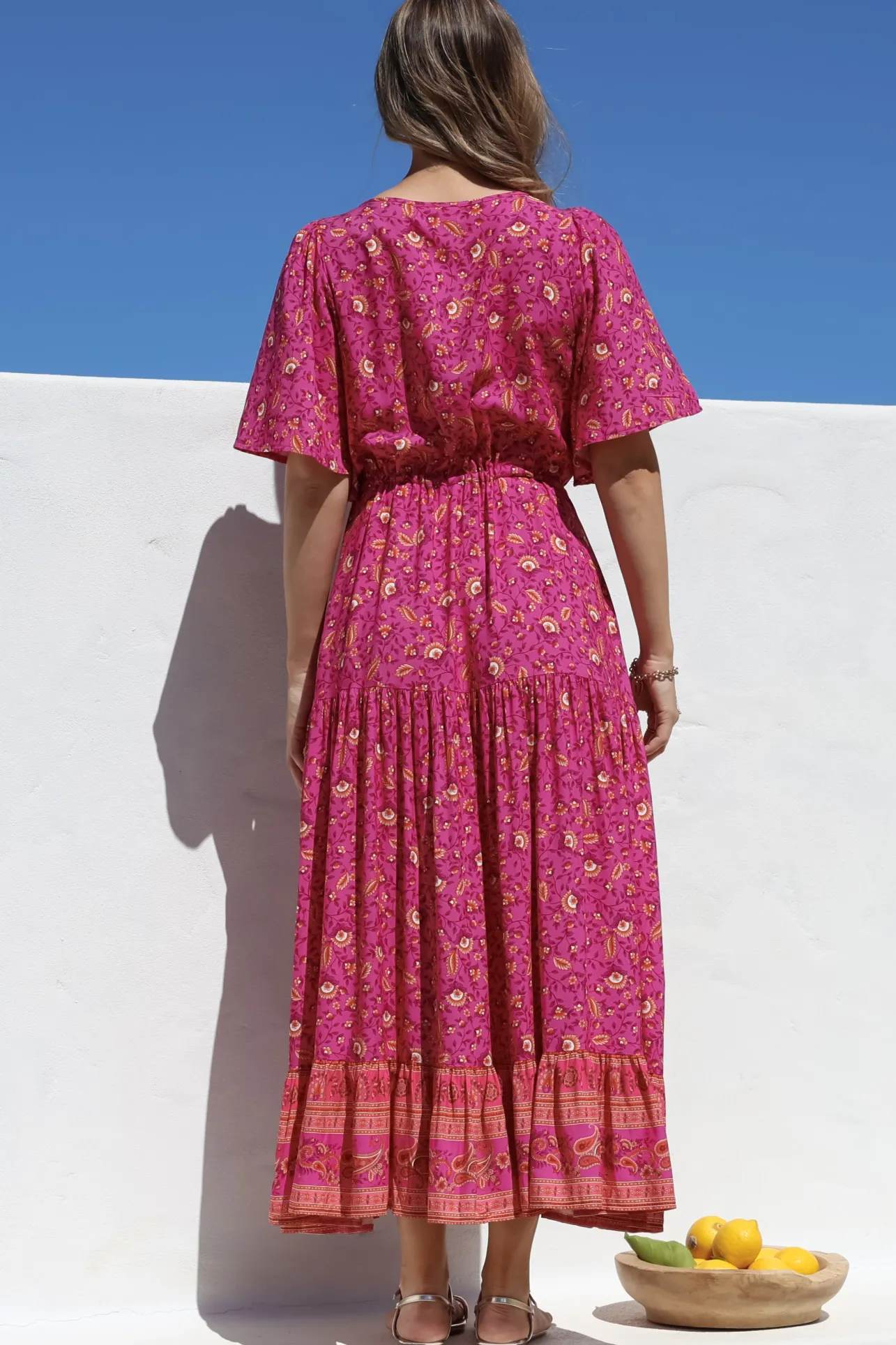 Tassia Maxi Dress - Buttoned Bodice Pull Tie Waist Dress in Quinne Print>Salty Crush Discount