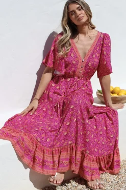 Tassia Maxi Dress - Buttoned Bodice Pull Tie Waist Dress in Quinne Print><noscript><img width=