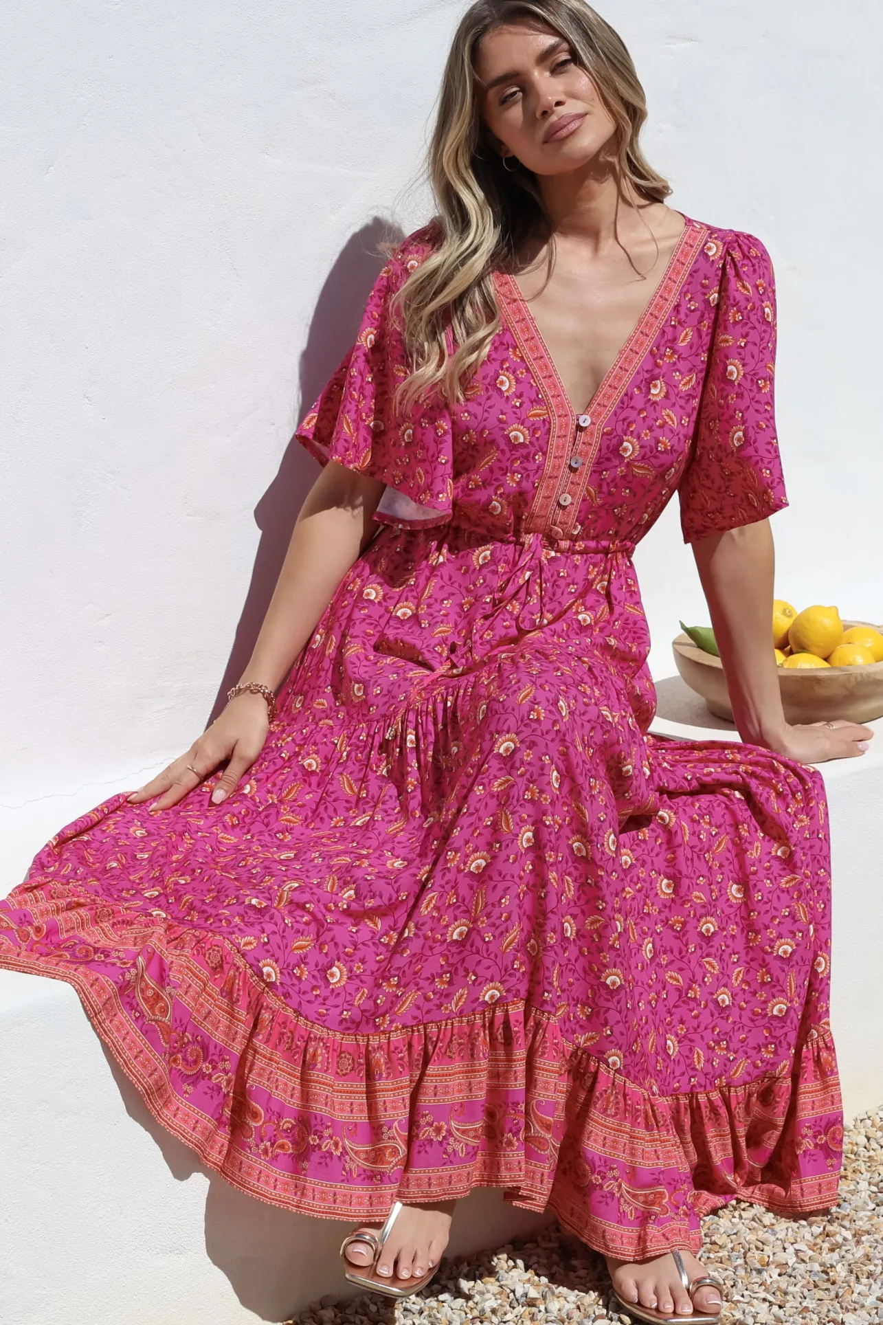 Tassia Maxi Dress - Buttoned Bodice Pull Tie Waist Dress in Quinne Print>Salty Crush Discount