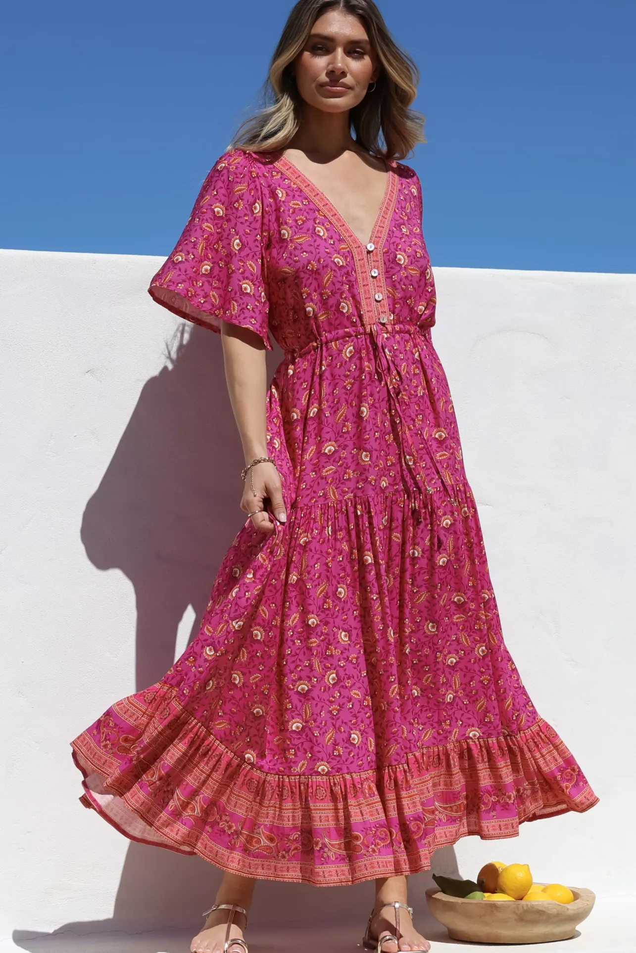 Tassia Maxi Dress - Buttoned Bodice Pull Tie Waist Dress in Quinne Print>Salty Crush Discount
