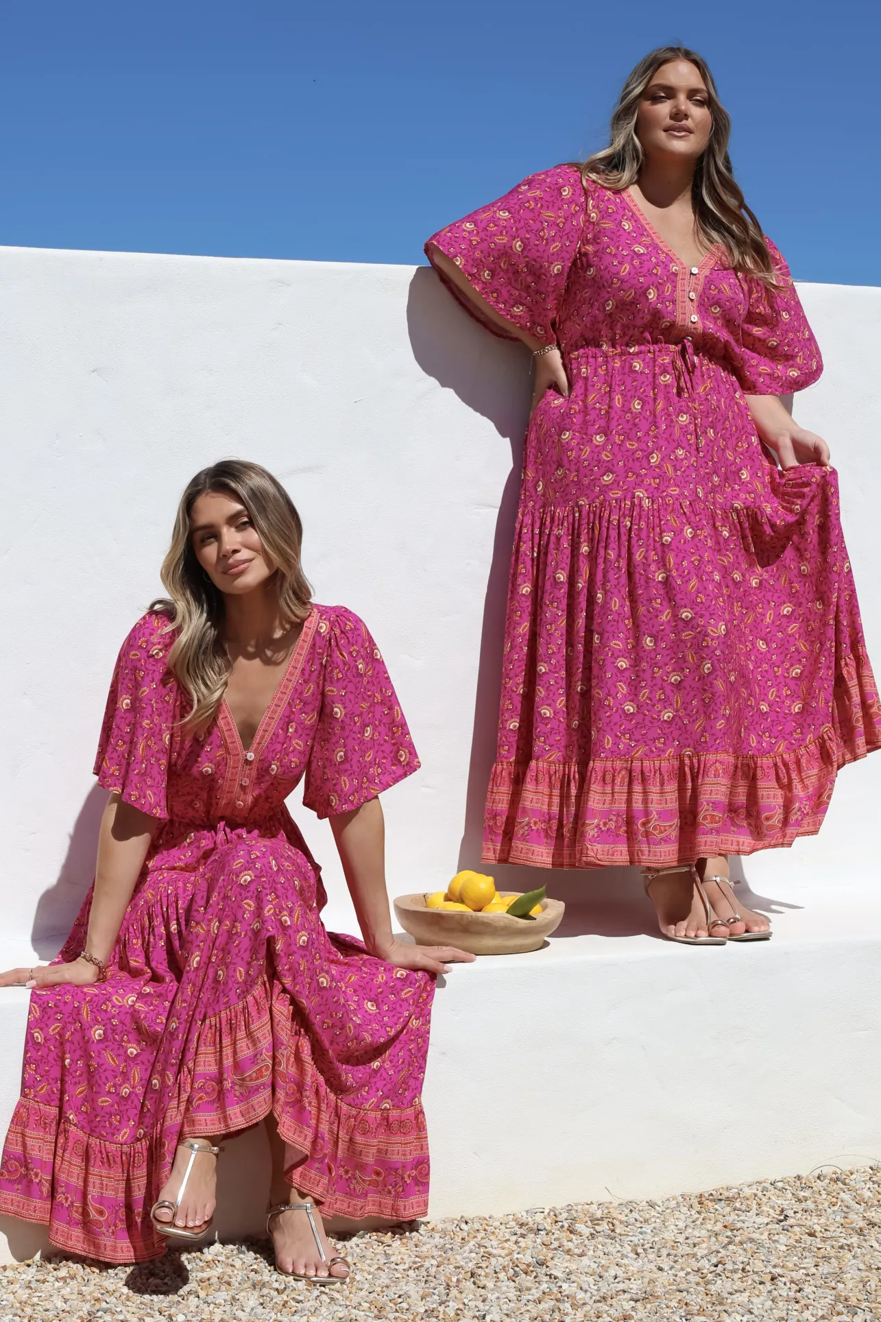 Tassia Maxi Dress - Buttoned Bodice Pull Tie Waist Dress in Quinne Print>Salty Crush Discount