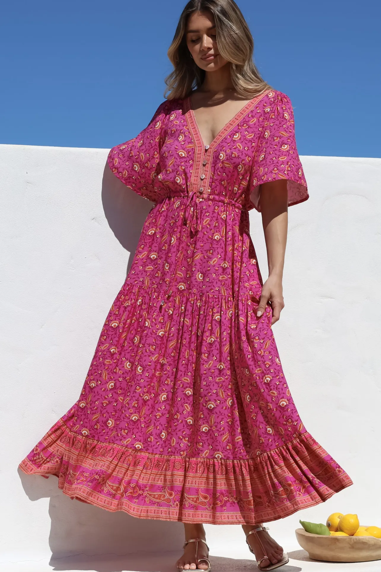 Tassia Maxi Dress - Buttoned Bodice Pull Tie Waist Dress in Quinne Print>Salty Crush Discount