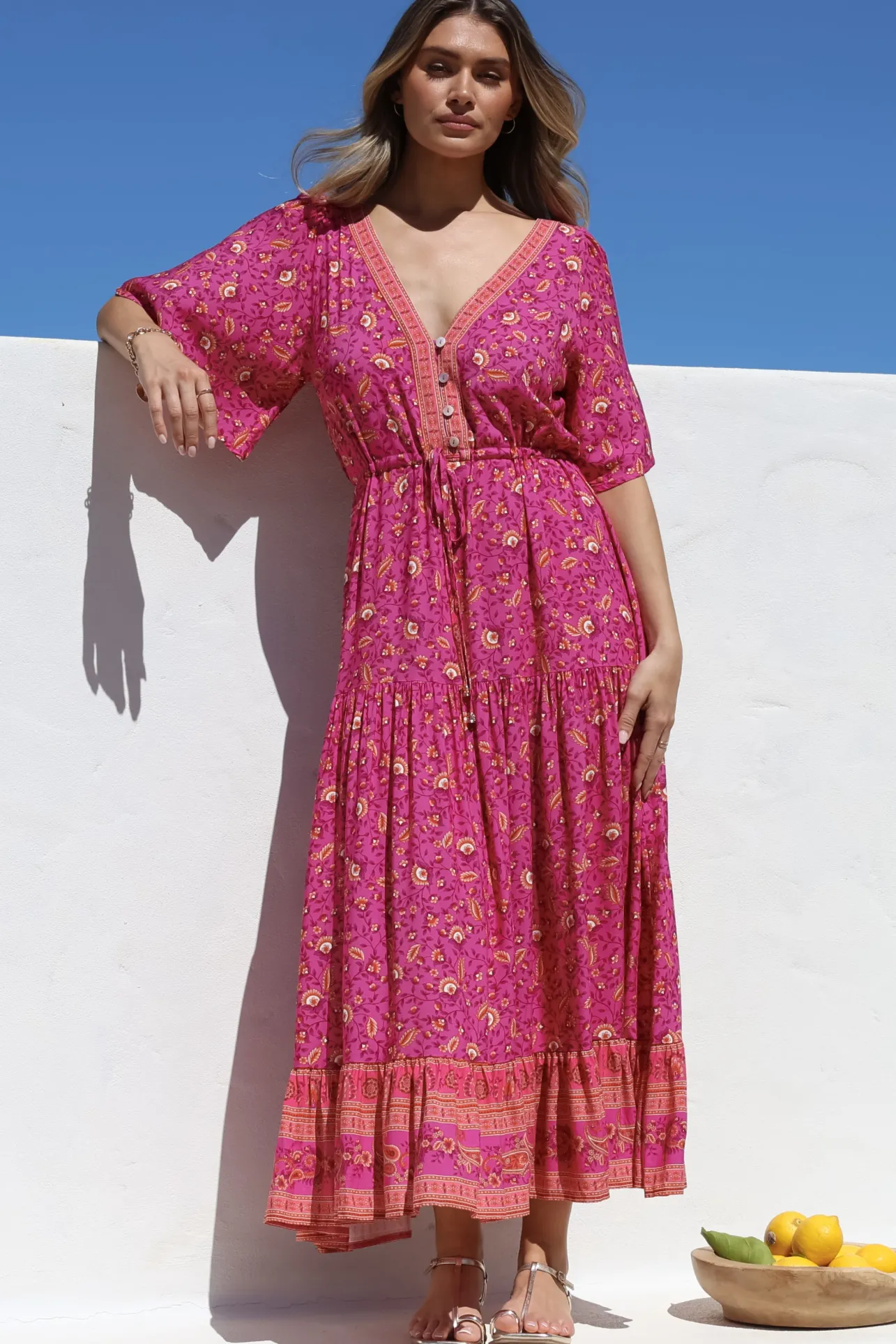 Tassia Maxi Dress - Buttoned Bodice Pull Tie Waist Dress in Quinne Print>Salty Crush Discount