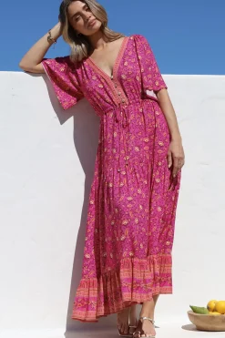 Tassia Maxi Dress - Buttoned Bodice Pull Tie Waist Dress in Quinne Print><noscript><img width=