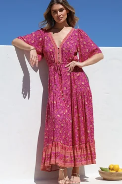 Tassia Maxi Dress - Buttoned Bodice Pull Tie Waist Dress in Quinne Print><noscript><img width=