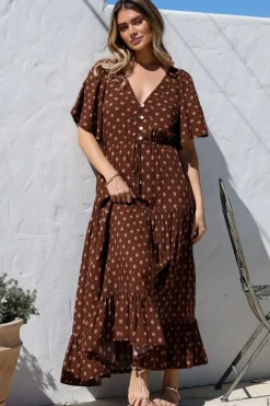 Tassia Maxi Dress - Buttoned Bodice Pull Tie Waist Dress in Kendy Print><noscript><img width=