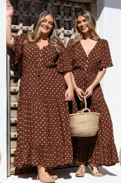 Tassia Maxi Dress - Buttoned Bodice Pull Tie Waist Dress in Kendy Print><noscript><img width=