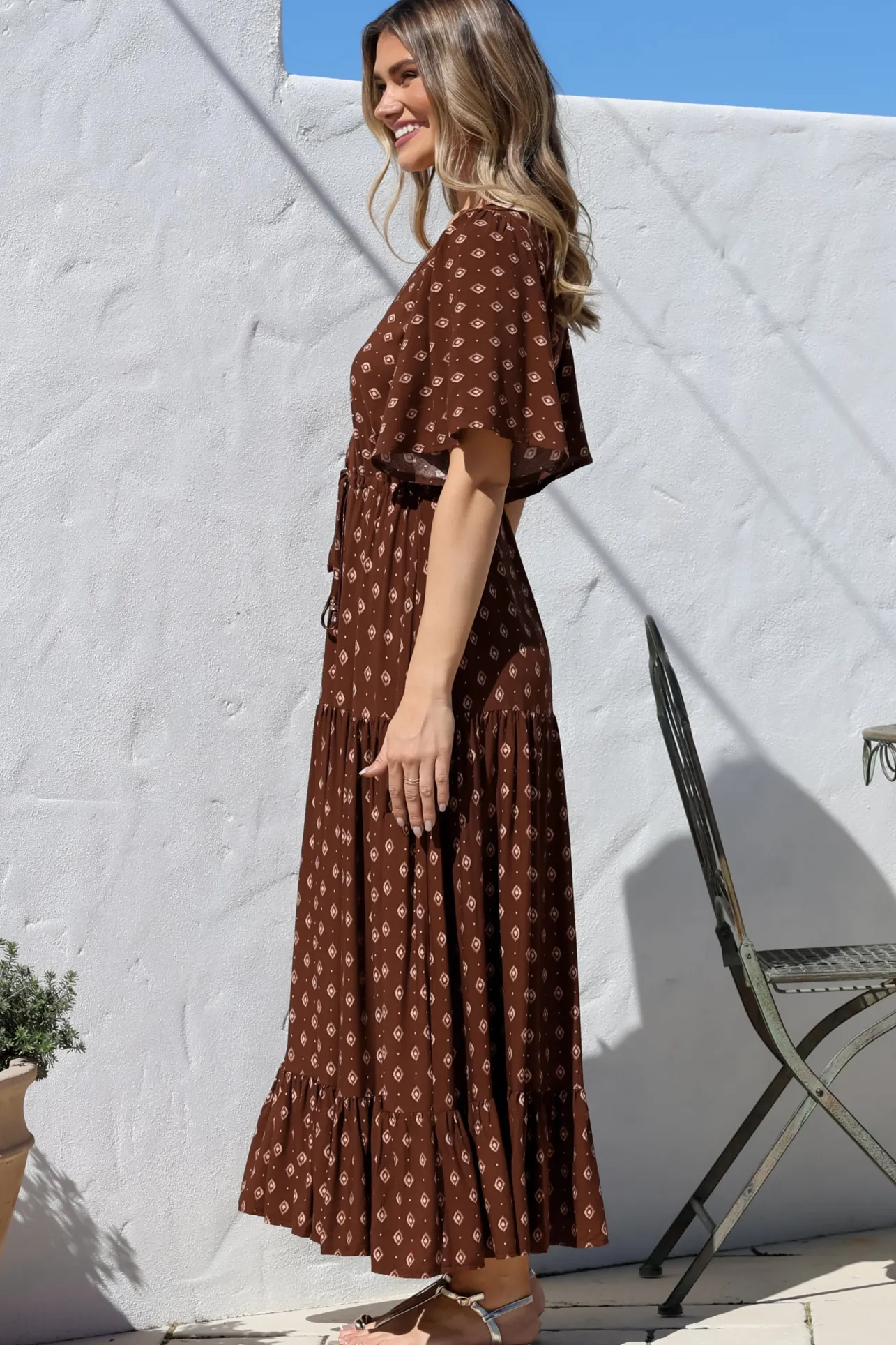 Tassia Maxi Dress - Buttoned Bodice Pull Tie Waist Dress in Kendy Print>Salty Crush