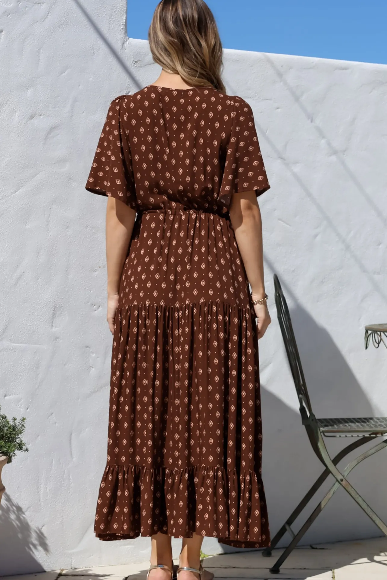 Tassia Maxi Dress - Buttoned Bodice Pull Tie Waist Dress in Kendy Print>Salty Crush