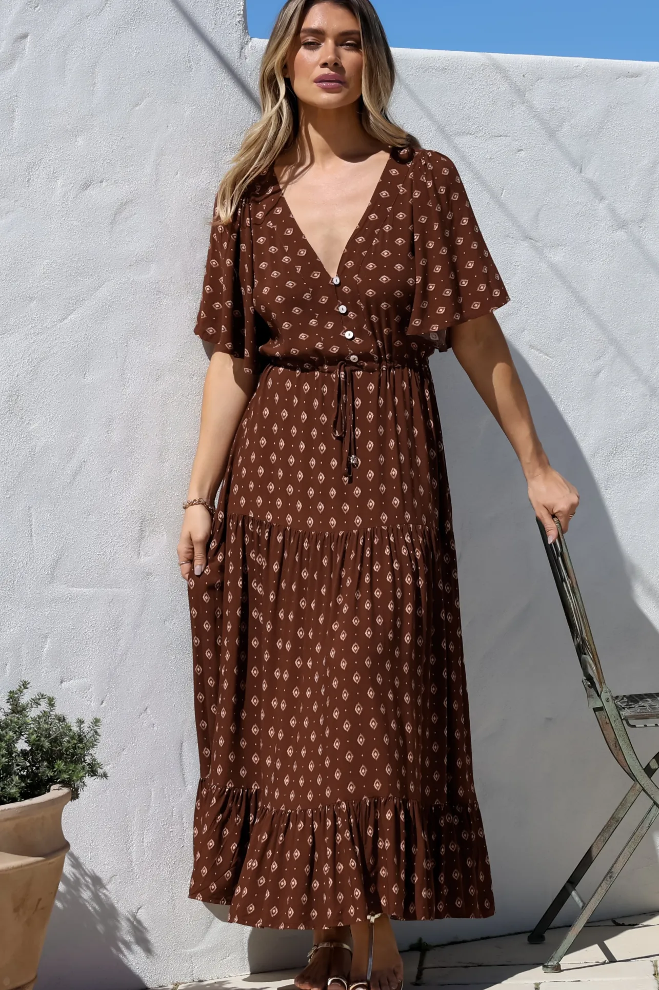 Tassia Maxi Dress - Buttoned Bodice Pull Tie Waist Dress in Kendy Print>Salty Crush