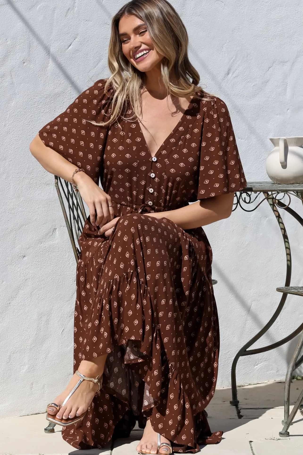 Tassia Maxi Dress - Buttoned Bodice Pull Tie Waist Dress in Kendy Print>Salty Crush
