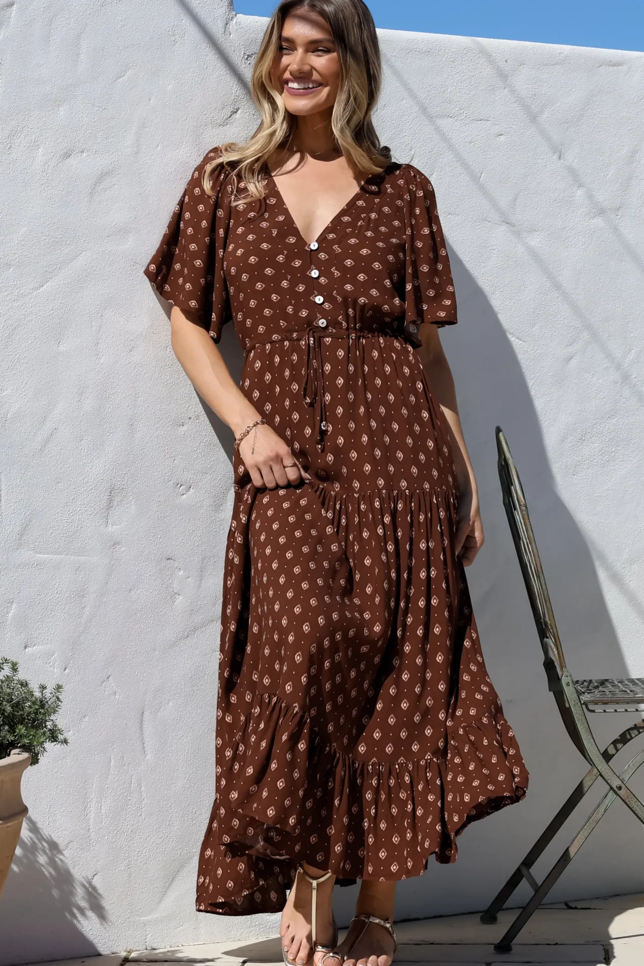 Tassia Maxi Dress - Buttoned Bodice Pull Tie Waist Dress in Kendy Print>Salty Crush