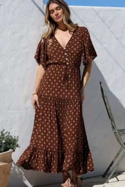 Tassia Maxi Dress - Buttoned Bodice Pull Tie Waist Dress in Kendy Print><noscript><img width=