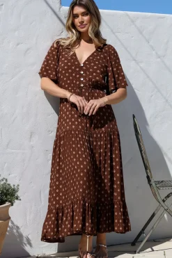 Tassia Maxi Dress - Buttoned Bodice Pull Tie Waist Dress in Kendy Print><noscript><img width=