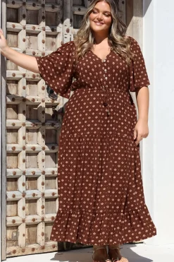 Tassia Maxi Dress - Buttoned Bodice Pull Tie Waist Dress in Kendy Print><noscript><img width=