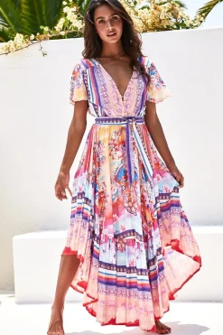 Taurus Maxi Dress - Flutter Cap Sleeve Deep V Neck Handkerchief Hem Dress with Matching Waist Tie in Lunar Print>Jaase Discount