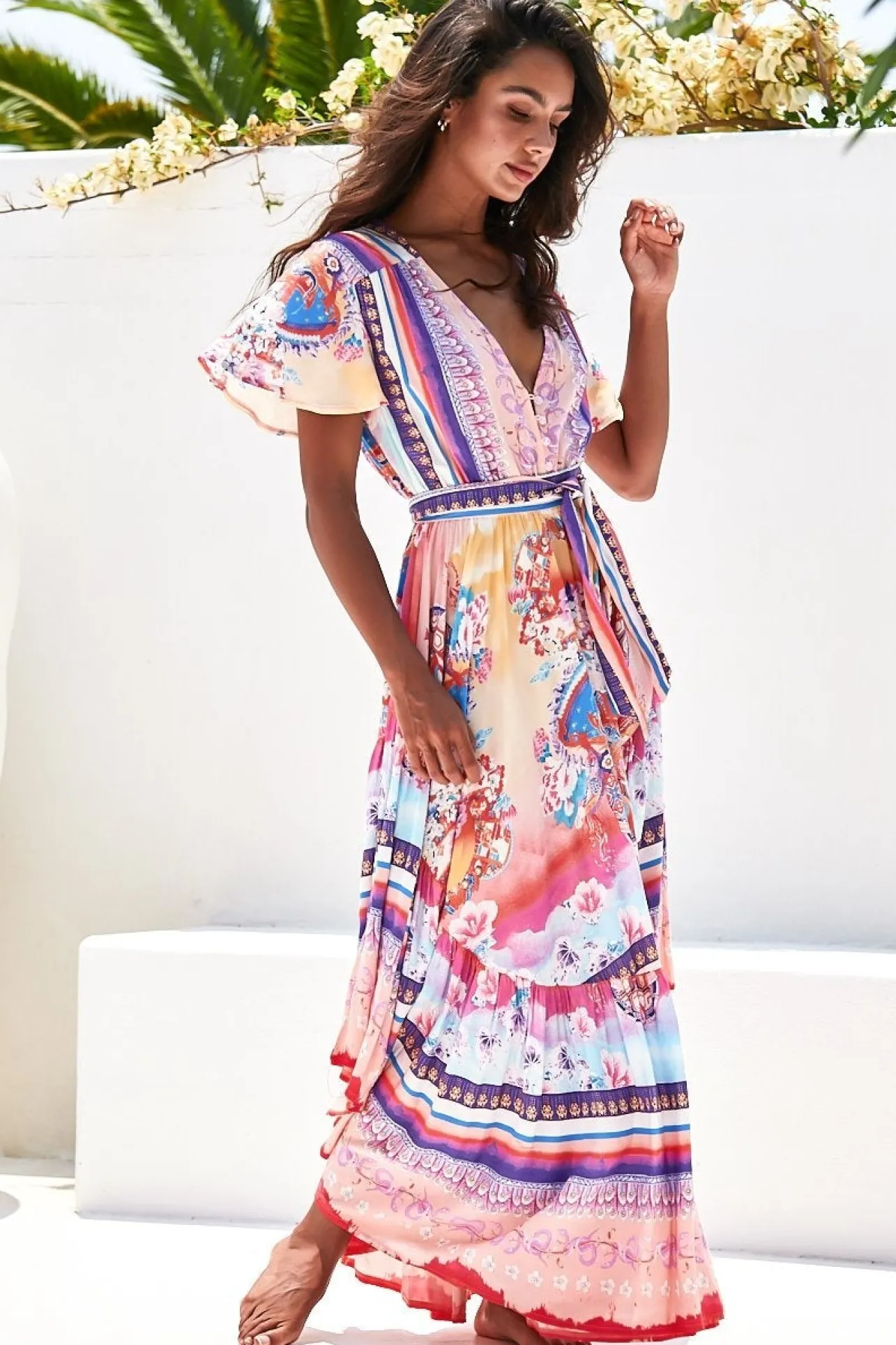 Taurus Maxi Dress - Flutter Cap Sleeve Deep V Neck Handkerchief Hem Dress with Matching Waist Tie in Lunar Print>Jaase Discount