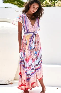 Taurus Maxi Dress - Flutter Cap Sleeve Deep V Neck Handkerchief Hem Dress with Matching Waist Tie in Lunar Print><noscript><img width=