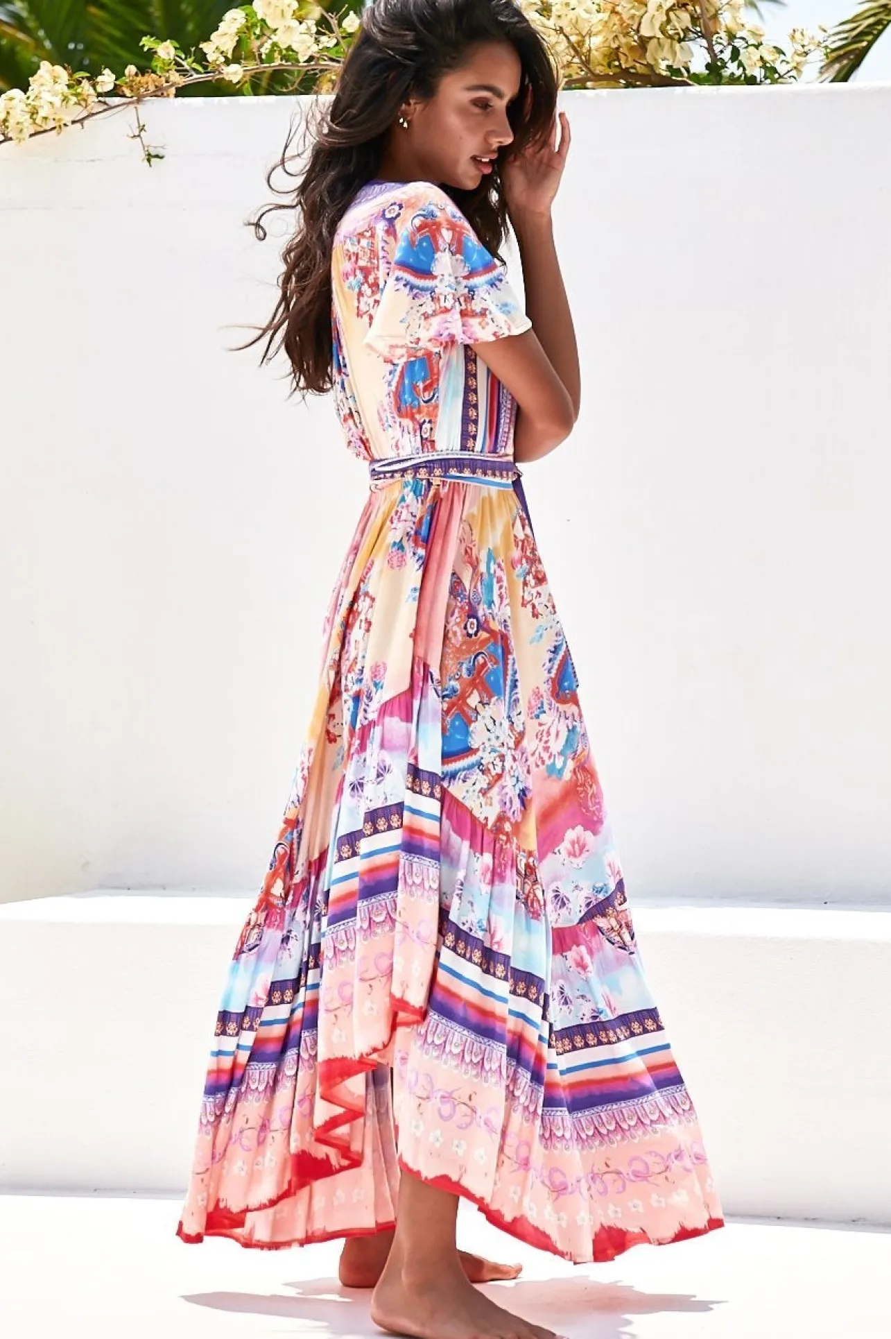 Taurus Maxi Dress - Flutter Cap Sleeve Deep V Neck Handkerchief Hem Dress with Matching Waist Tie in Lunar Print>Jaase Discount