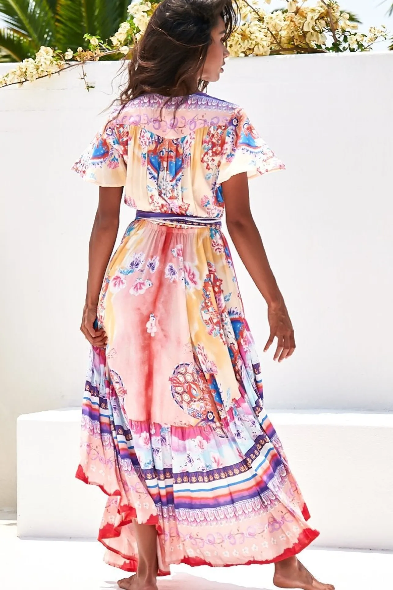 Taurus Maxi Dress - Flutter Cap Sleeve Deep V Neck Handkerchief Hem Dress with Matching Waist Tie in Lunar Print>Jaase Discount