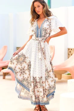 Taurus Maxi Dress - Flutter Cap Sleeve Deep V Neck Handkerchief Hem Dress with Matching Waist Tie in Gemstone Print><noscript><img width=