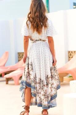 Taurus Maxi Dress - Flutter Cap Sleeve Deep V Neck Handkerchief Hem Dress with Matching Waist Tie in Gemstone Print><noscript><img width=