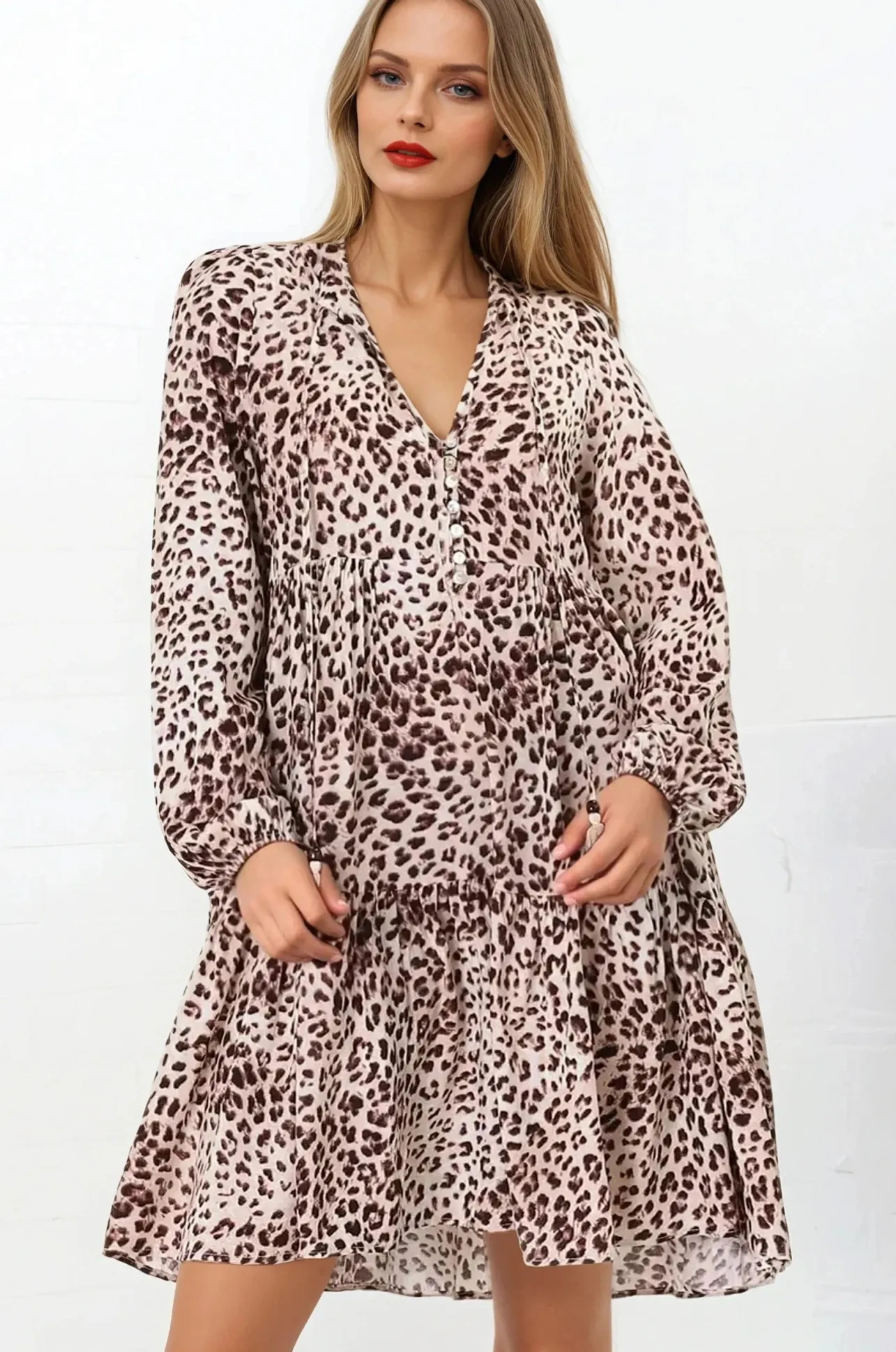 Taylor Mini Dress - Mandarin Collar Balloon Sleeve Smock Dress in Tatum Print>Salty Crush