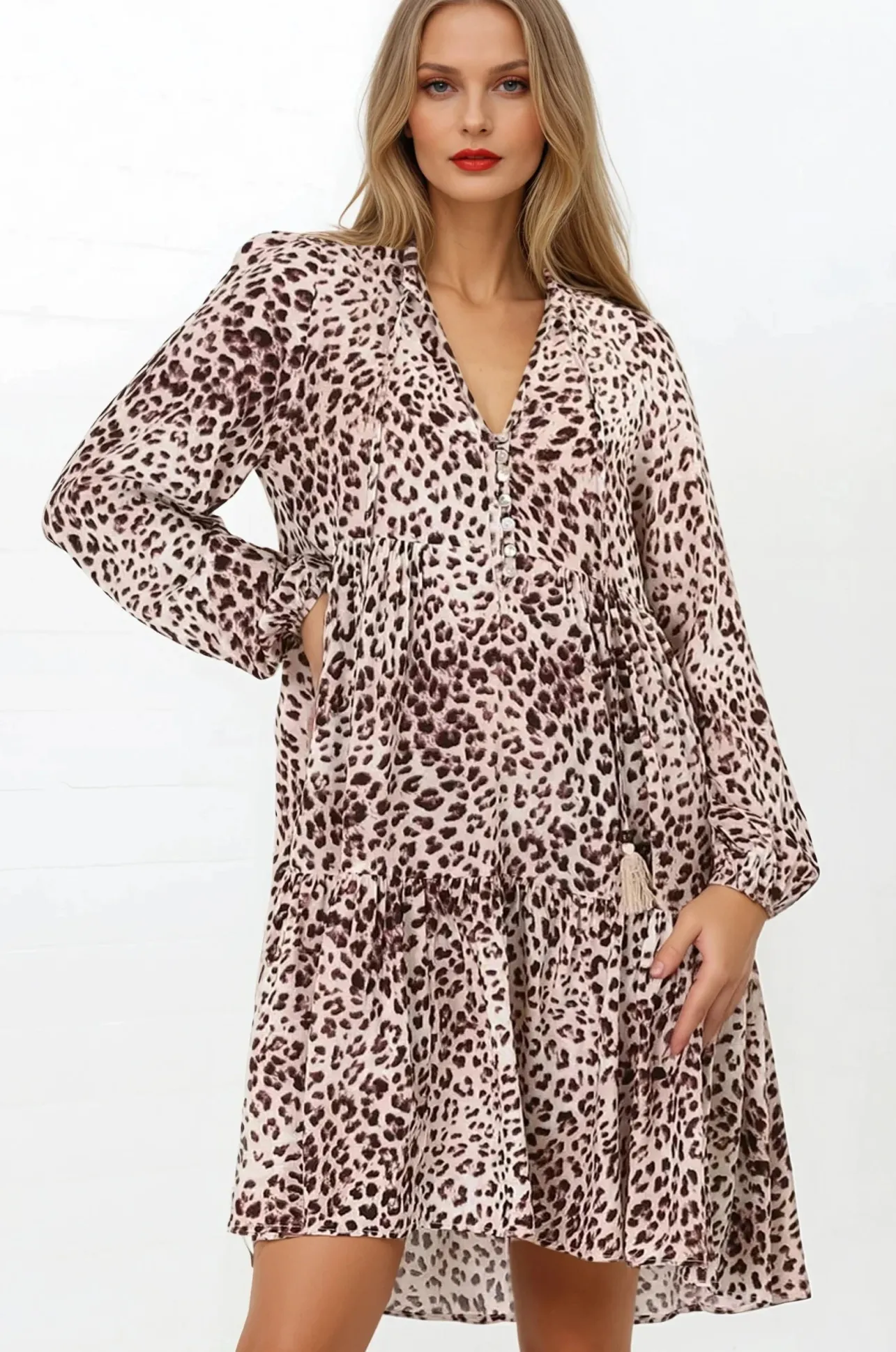 Taylor Mini Dress - Mandarin Collar Balloon Sleeve Smock Dress in Tatum Print>Salty Crush