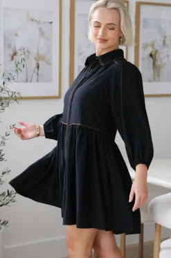 Tenley Mini Dress - Contrast Trim Button Down Smock Dress in Black>Salty Crush Clearance