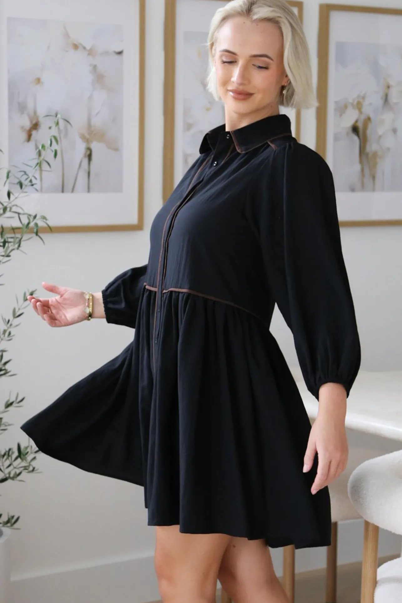 Tenley Mini Dress - Contrast Trim Button Down Smock Dress in Black>Salty Crush Clearance
