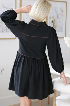 Tenley Mini Dress - Contrast Trim Button Down Smock Dress in Black><noscript><img width=