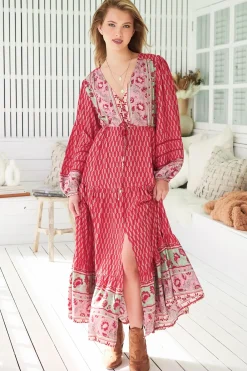 Teresa Ladder Lace Maxi Dress - A Line Dress with Long Balloon Sleeves in Zelie Print>Jaase Best
