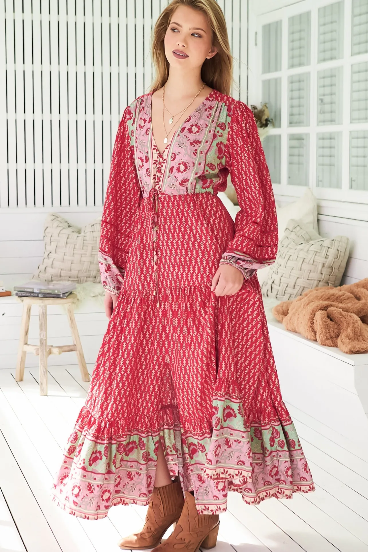 Teresa Ladder Lace Maxi Dress - A Line Dress with Long Balloon Sleeves in Zelie Print>Jaase Best