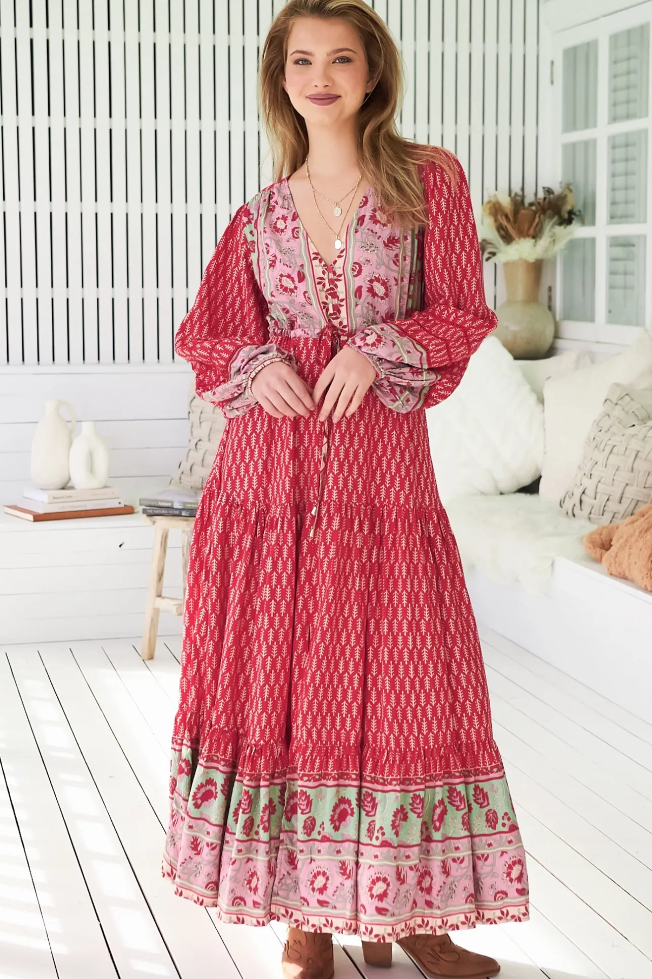 Teresa Ladder Lace Maxi Dress - A Line Dress with Long Balloon Sleeves in Zelie Print>Jaase Best