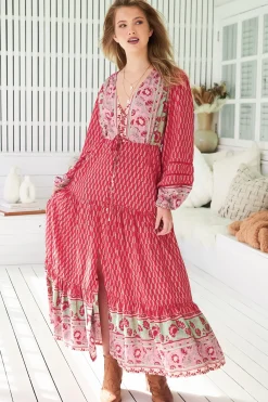 Teresa Ladder Lace Maxi Dress - A Line Dress with Long Balloon Sleeves in Zelie Print><noscript><img width=