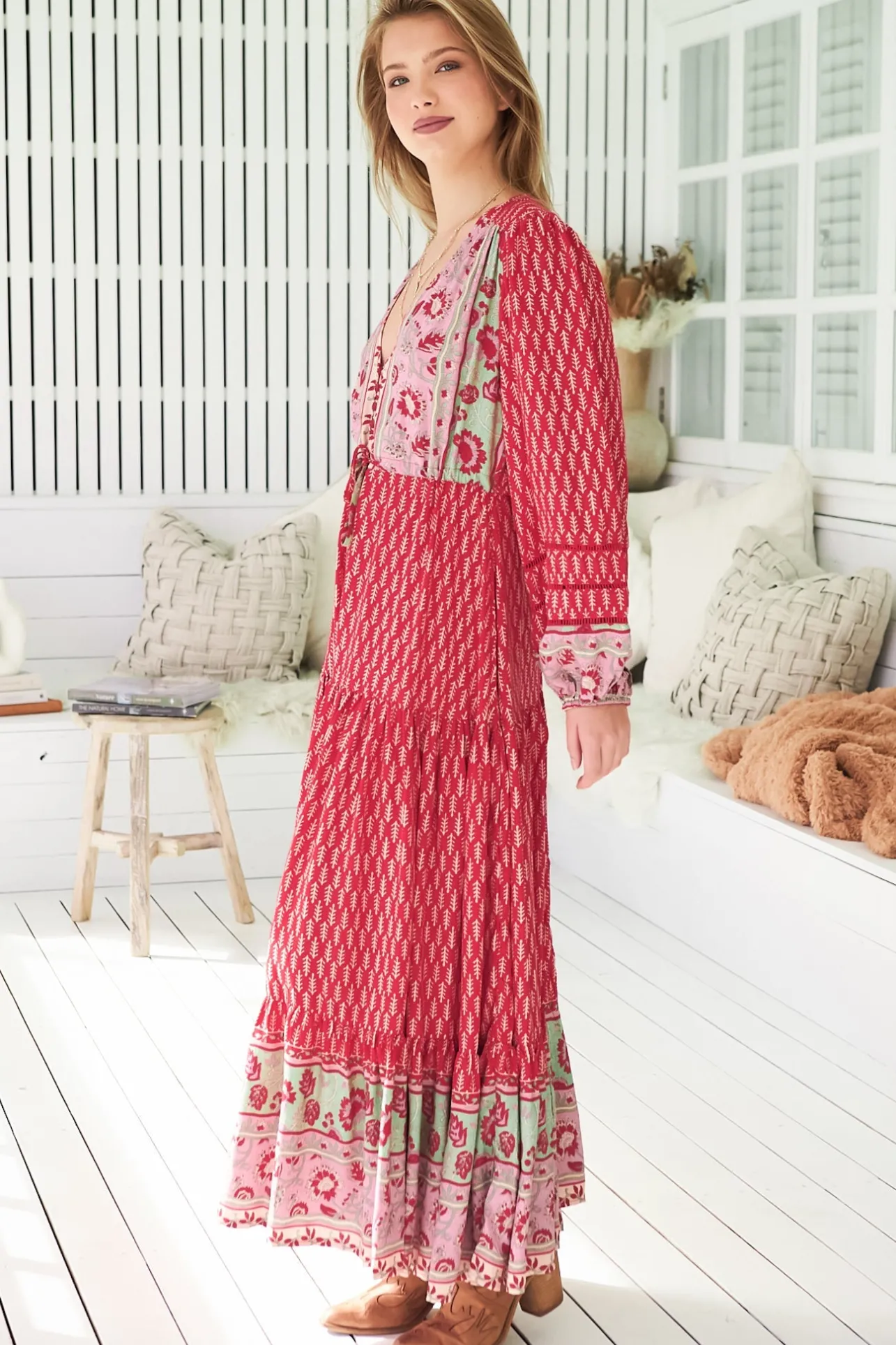 Teresa Ladder Lace Maxi Dress - A Line Dress with Long Balloon Sleeves in Zelie Print>Jaase Best