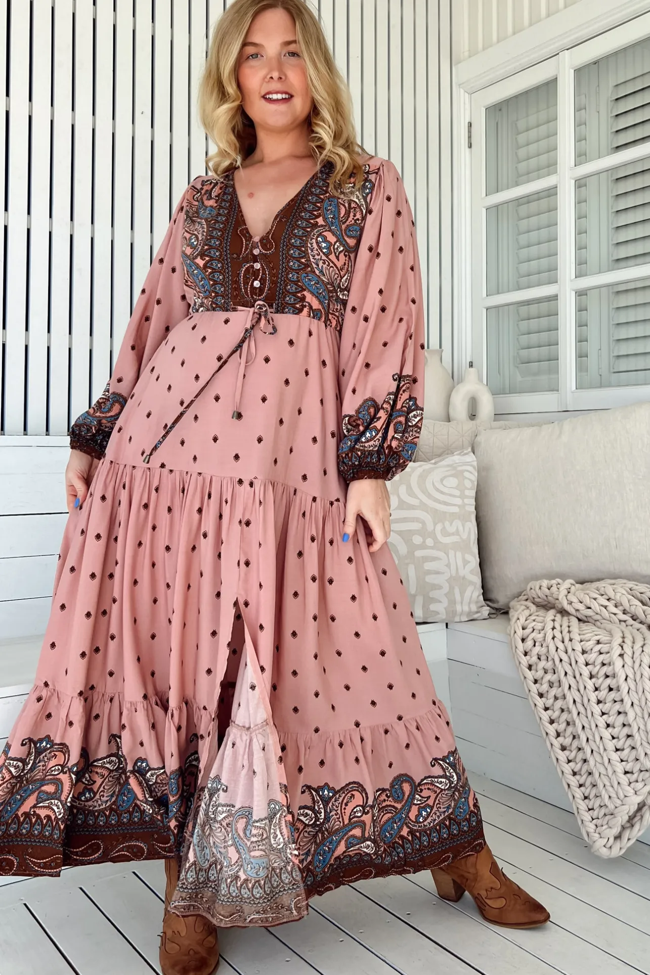 Teresa Maxi Dress - A Line Dress with Long Balloon Sleeves in Seraphina Print>Jaase Clearance