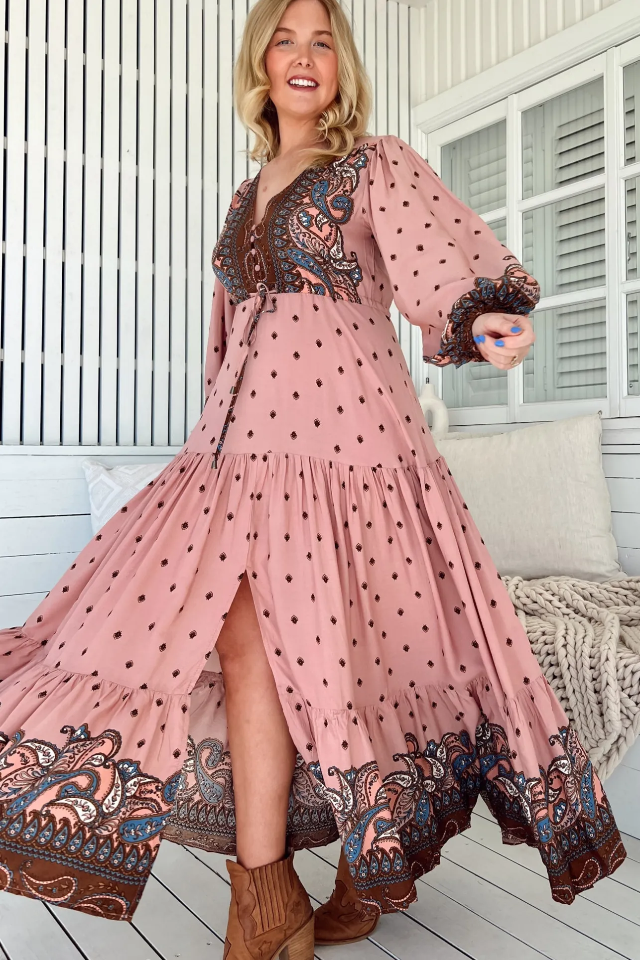 Teresa Maxi Dress - A Line Dress with Long Balloon Sleeves in Seraphina Print>Jaase Clearance