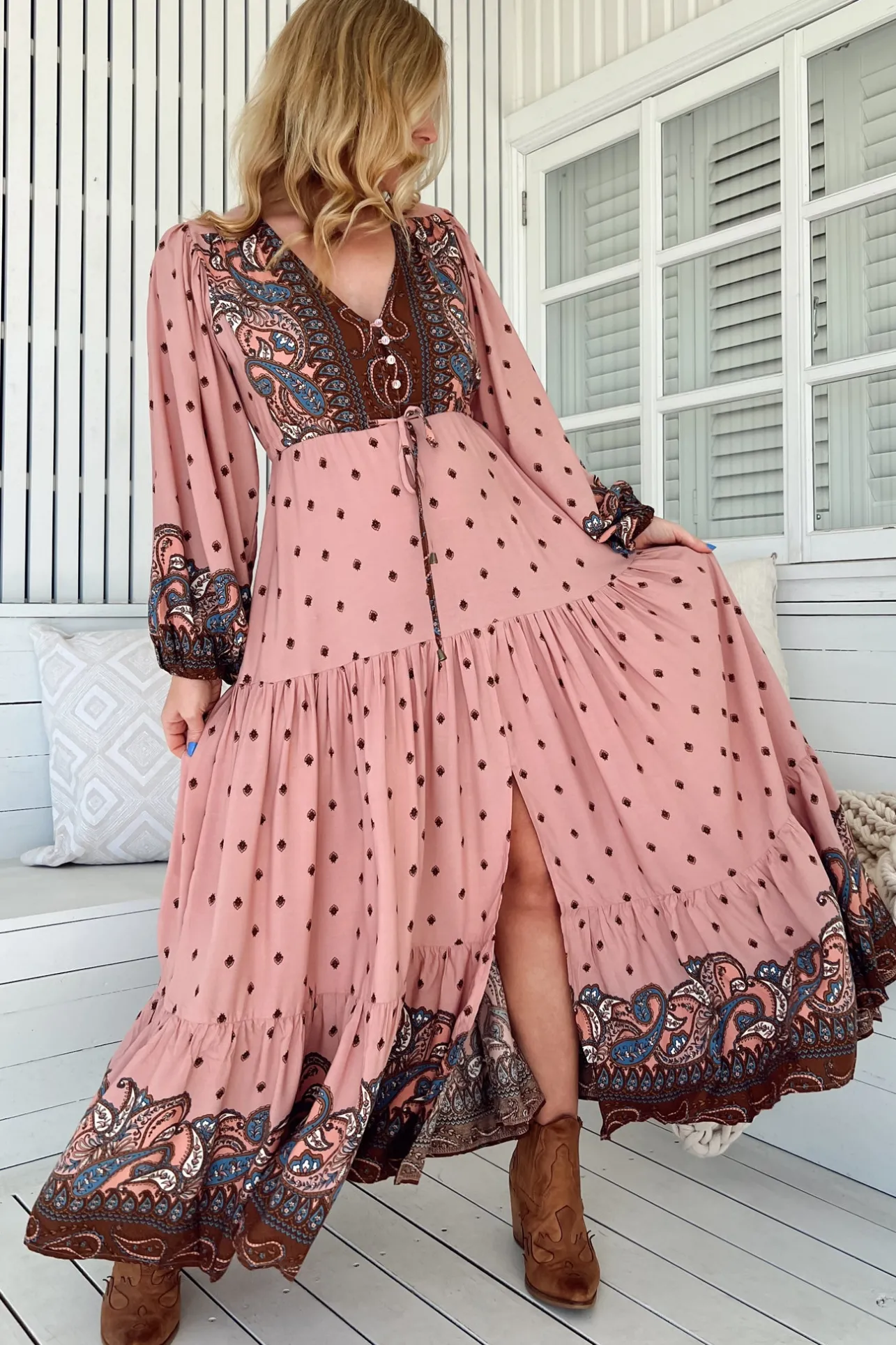 Teresa Maxi Dress - A Line Dress with Long Balloon Sleeves in Seraphina Print>Jaase Clearance