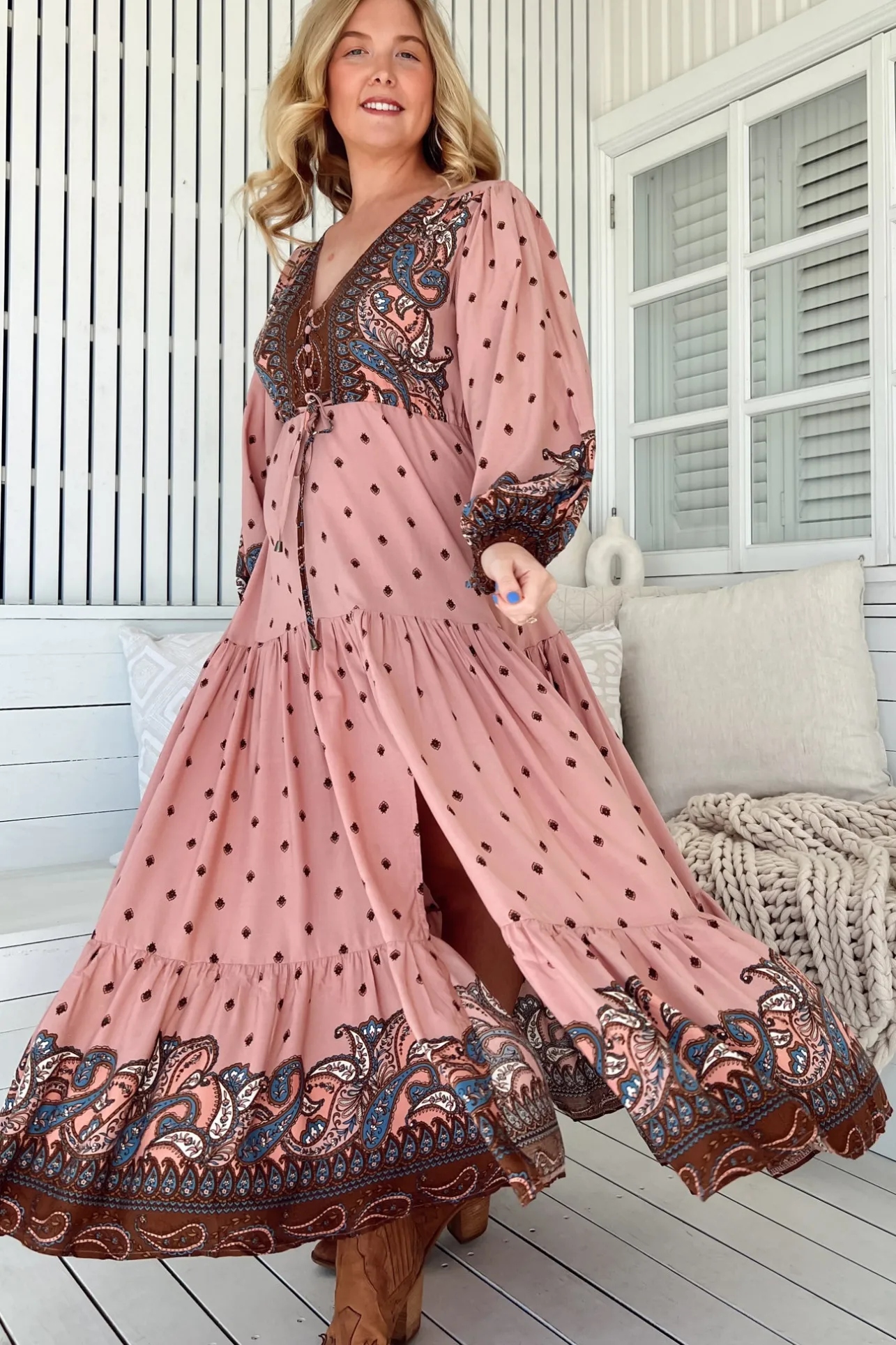Teresa Maxi Dress - A Line Dress with Long Balloon Sleeves in Seraphina Print>Jaase Clearance