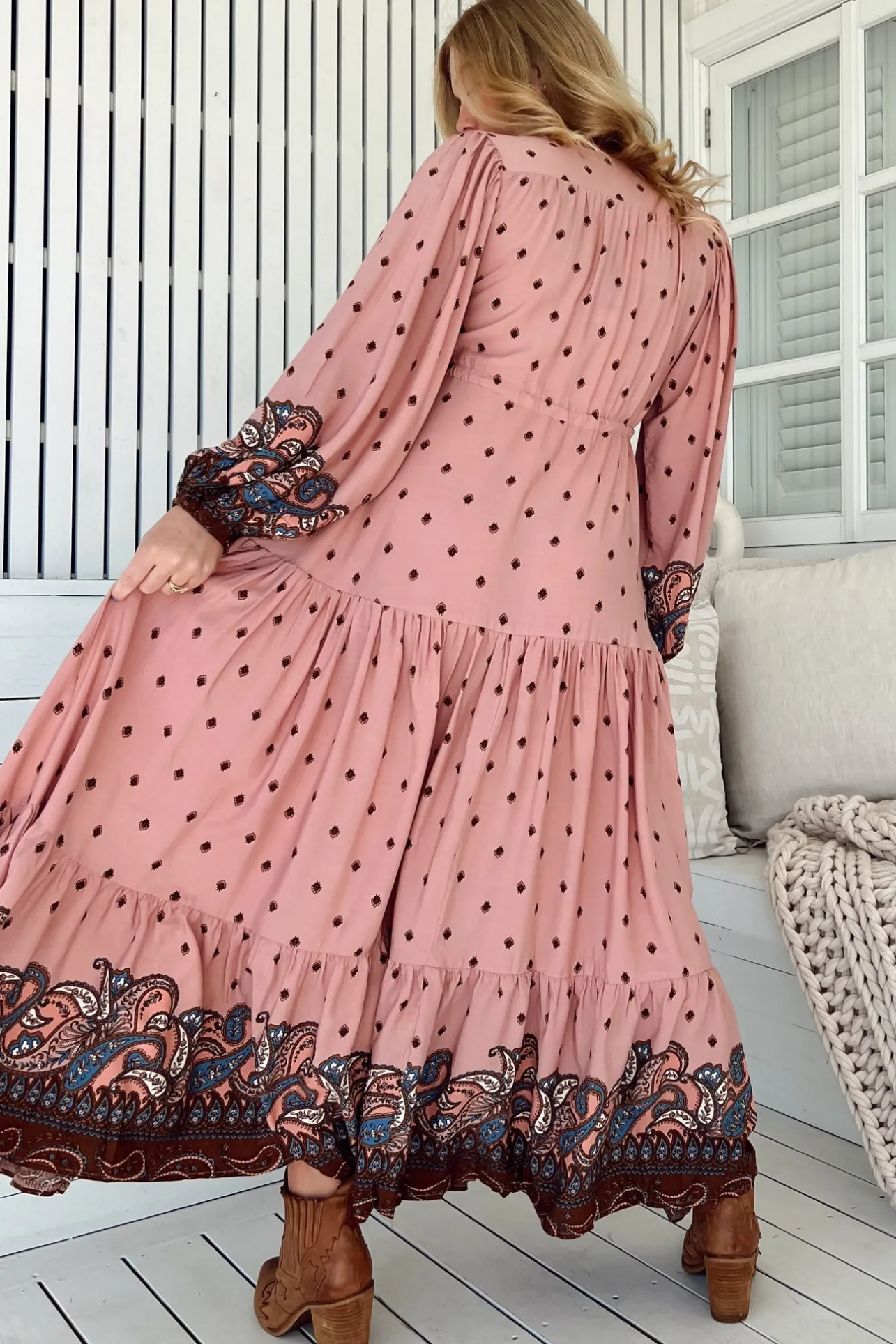 Teresa Maxi Dress - A Line Dress with Long Balloon Sleeves in Seraphina Print>Jaase Clearance