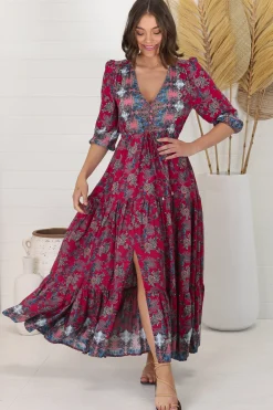 Tessa Maxi Dress - A Line Pull Tie Waist Dress in Strawberry Kiss Print><noscript><img width=