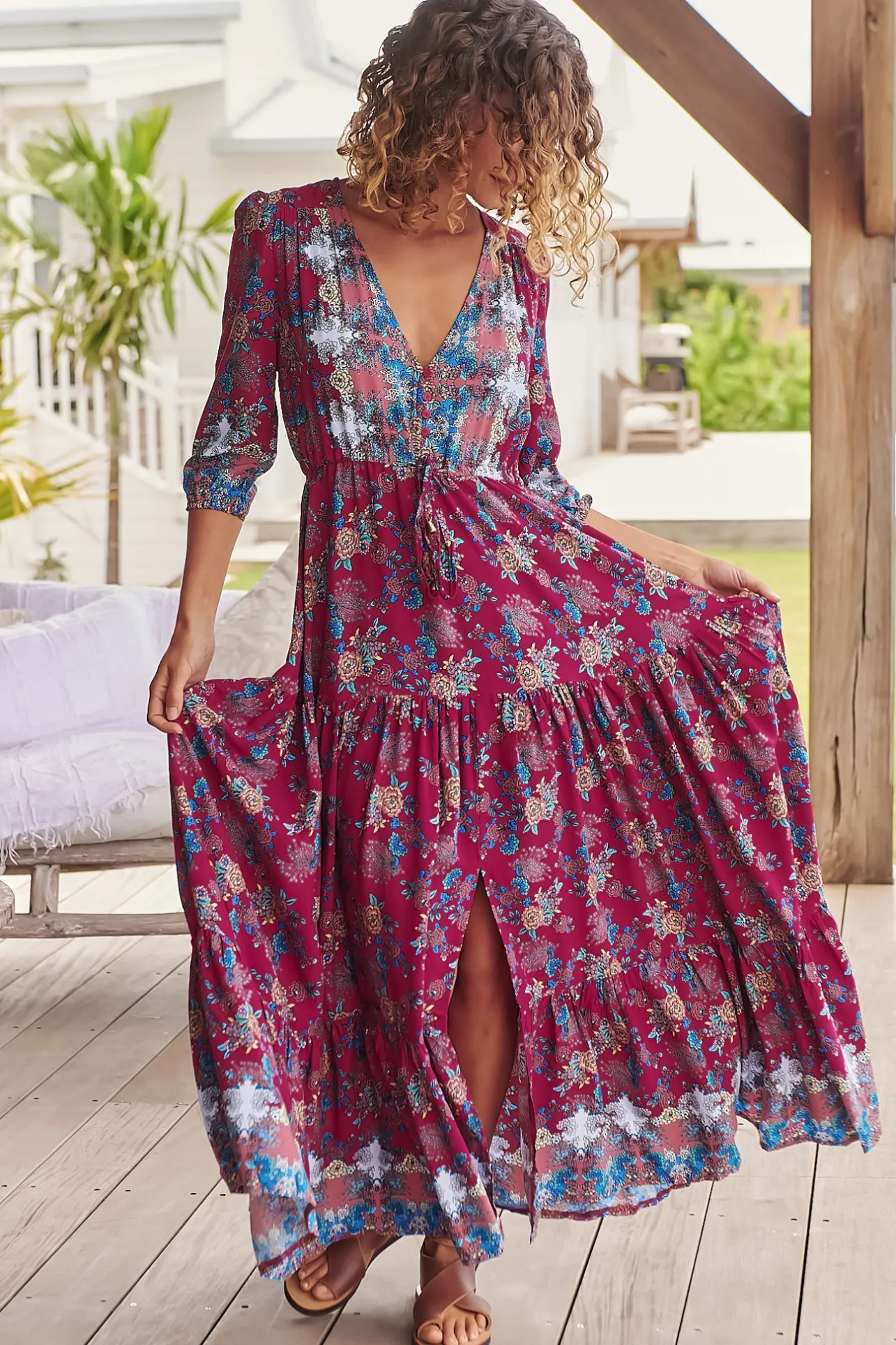 Tessa Maxi Dress - A Line Pull Tie Waist Dress in Strawberry Kiss Print>Jaase Best
