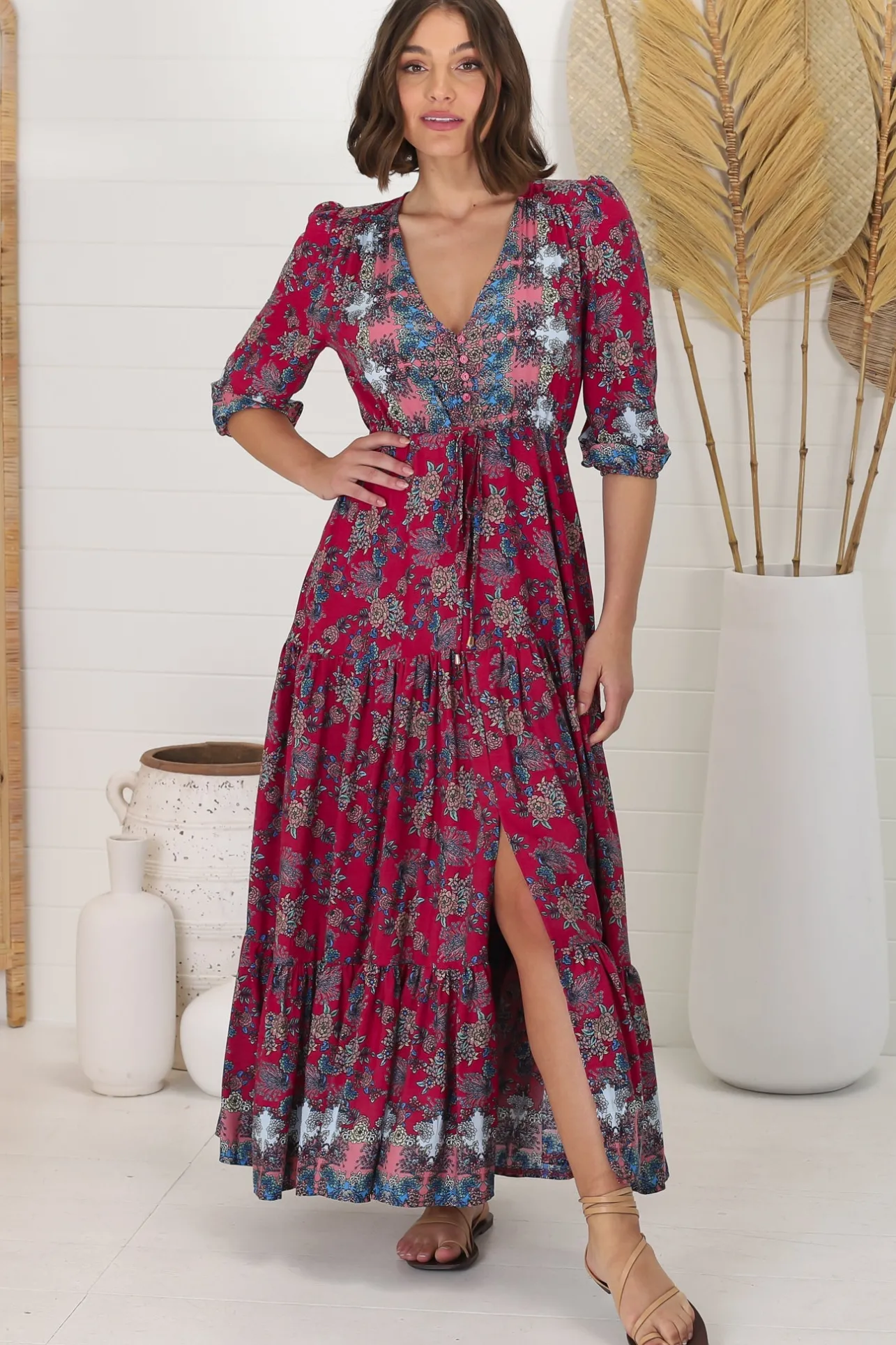 Tessa Maxi Dress - A Line Pull Tie Waist Dress in Strawberry Kiss Print>Jaase Best