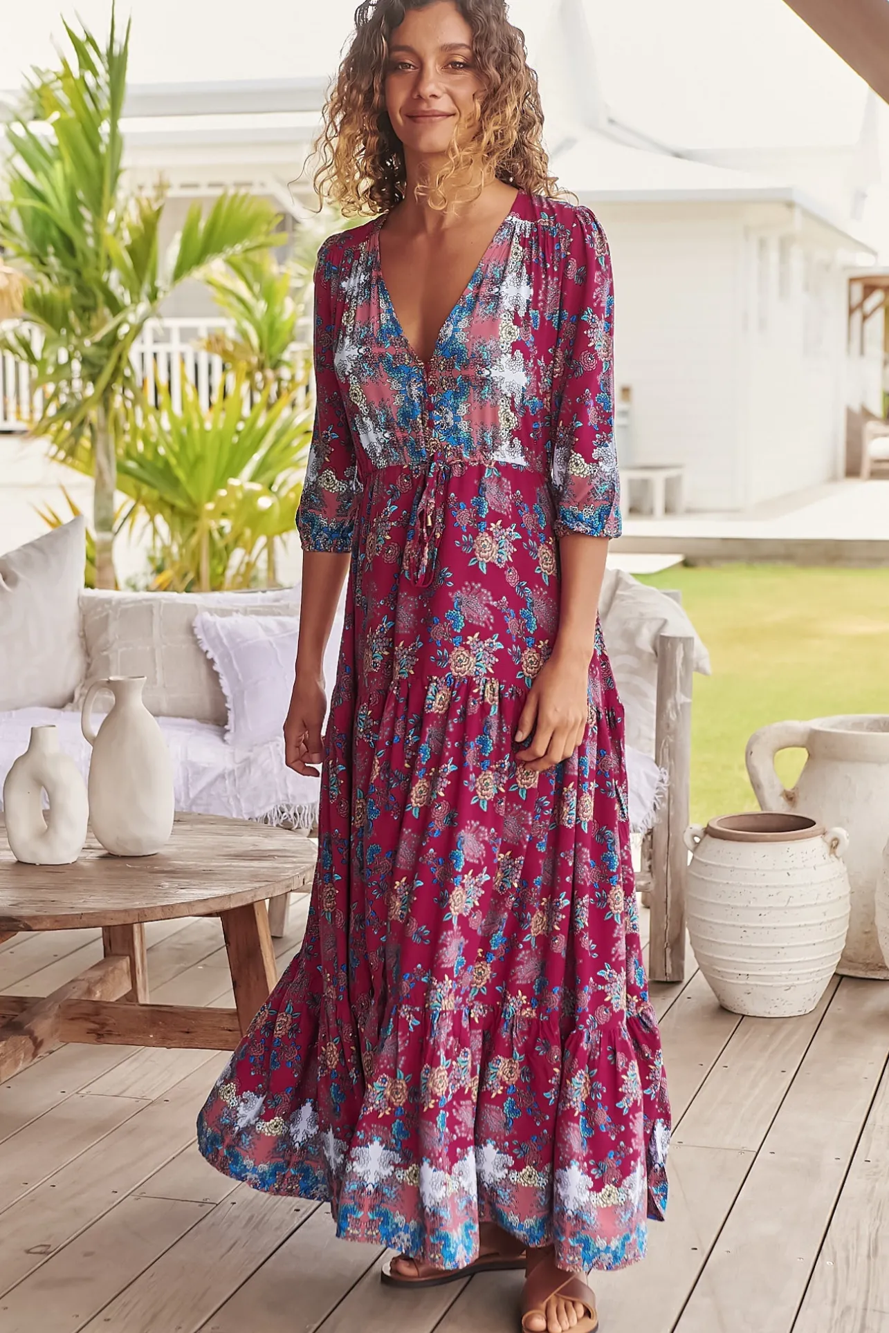 Tessa Maxi Dress - A Line Pull Tie Waist Dress in Strawberry Kiss Print>Jaase Best