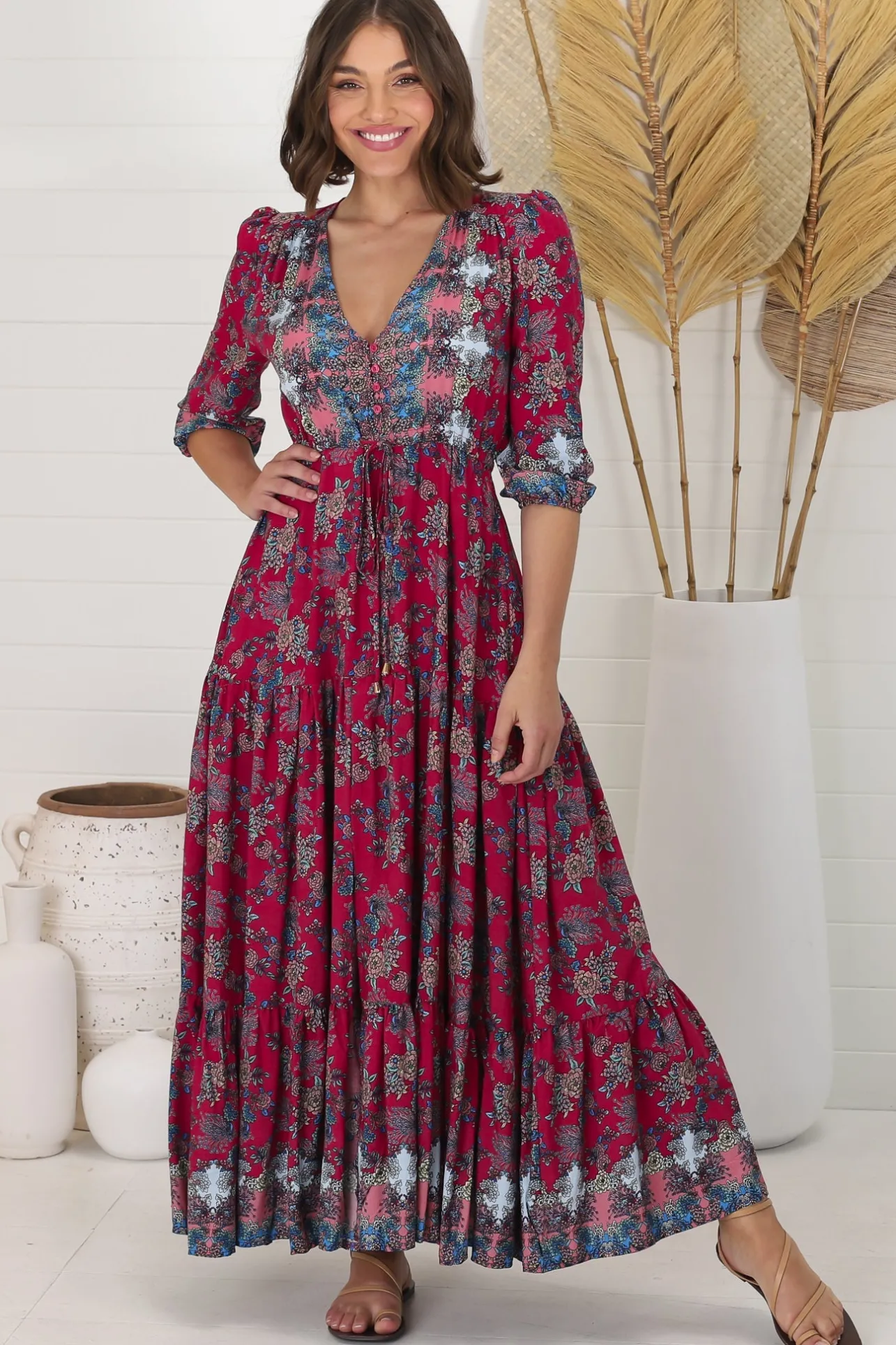 Tessa Maxi Dress - A Line Pull Tie Waist Dress in Strawberry Kiss Print>Jaase Best