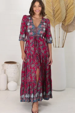 Tessa Maxi Dress - A Line Pull Tie Waist Dress in Strawberry Kiss Print><noscript><img width=