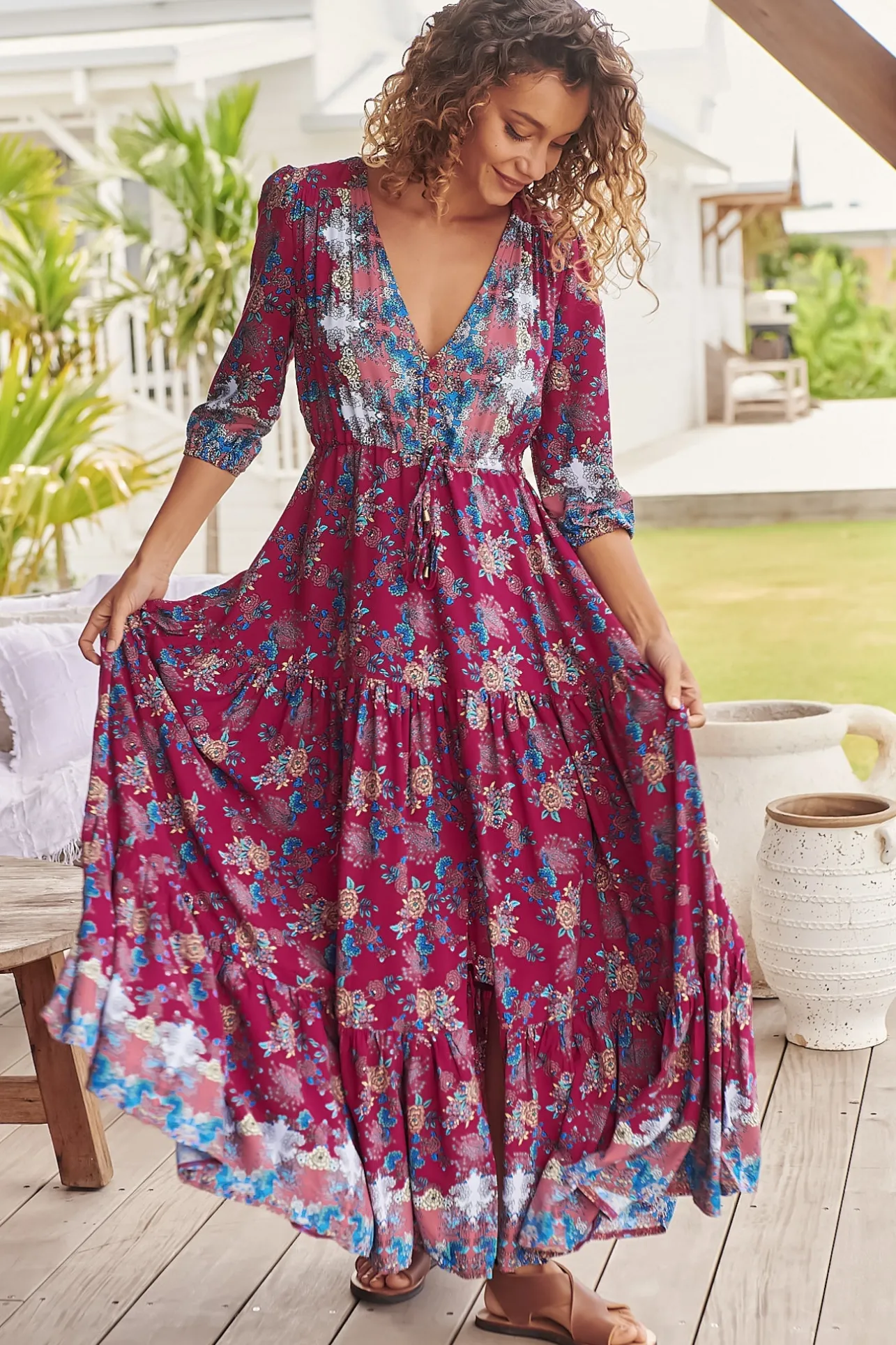 Tessa Maxi Dress - A Line Pull Tie Waist Dress in Strawberry Kiss Print>Jaase Best