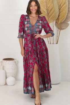 Tessa Maxi Dress - A Line Pull Tie Waist Dress in Strawberry Kiss Print><noscript><img width=