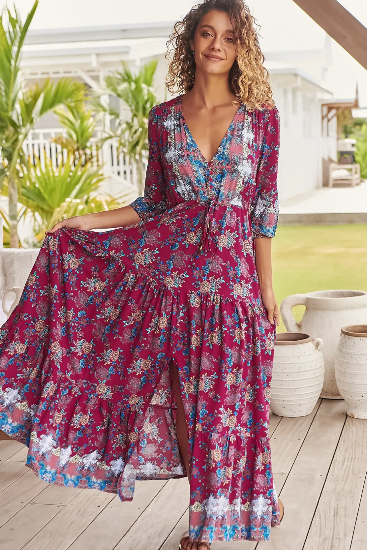 Tessa Maxi Dress - A Line Pull Tie Waist Dress in Strawberry Kiss Print>Jaase Best